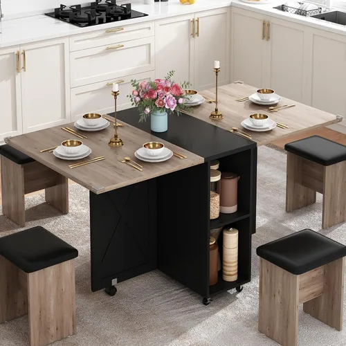 Vista 10 de Juego de mesa de comedor de granja de 5 piezas para 4, mesa plegable grande de 117 cm con 4 sillas de cuero, mesa de cocina plegable con ala