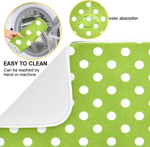 Vista 2 de Tapete de secado de platos verde para cocina, tapete de secado de microfibra verde menta con lunares blancos, tapete de secado de microfibra