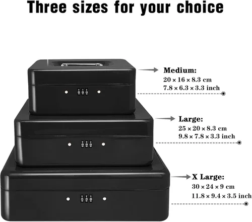 Vista 3 de Caja de efectivo de acero con cerradura de combinación, organizador de dinero pequeño de metal con bandeja de dinero extraíble, caja de Negro - 7.9