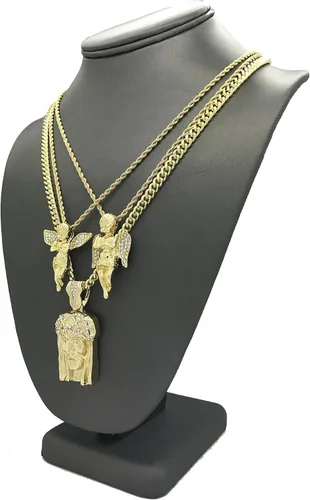 Vista 6 de Shiny Jewelers USA Juego de collar de cadena con colgante de Jesús dorado para hombre, manos rezando, Ankh, cruz, ángel hip hop