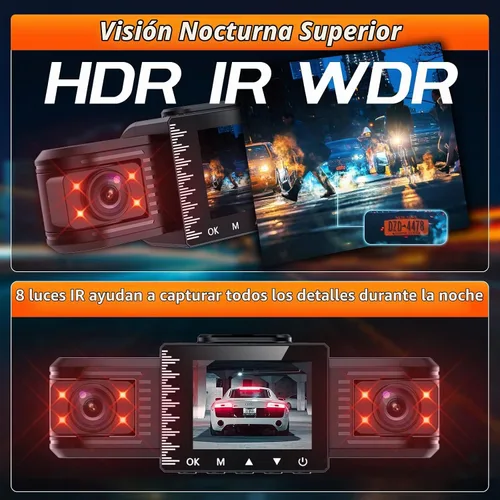 Vista 4 de iiwey T1-pro - Cámara de salpicadero frontal y trasera interior de 3 canales 1080P, cámara de salpicadero ajustable para automóviles con 8 lámparas