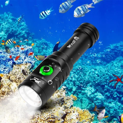 Vista 10 de Linterna de buceo WindFire, linterna impermeable para buceo 262 pies bajo el agua, linterna recargable para snorkel con 4 modos y indicador