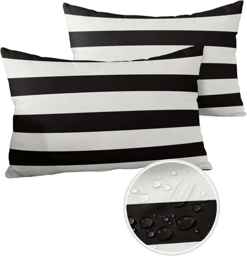 Vista 34 de Fundas de almohada de exterior impermeables de 16 x 16 pulgadas, fundas de almohada de poliéster con rayas blancas y negras, fundas decorativas