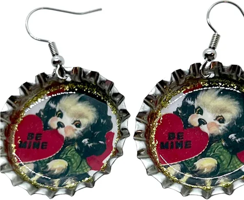 Vista 2 de Vintage Valentine Puppy, Bottle Cap Earrings, Retro Jewelry, Be Mine