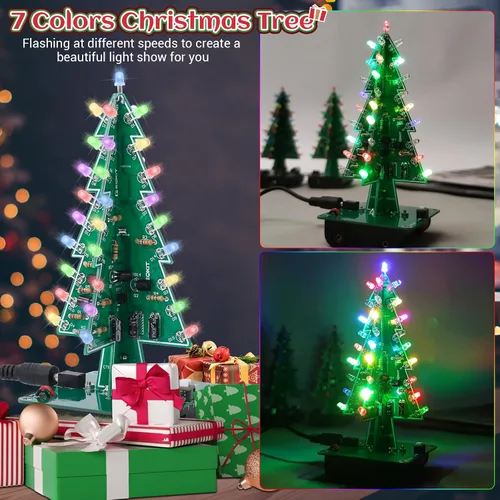Vista 4 de Icstation - Kit para montar árbol de Navidad, 3D, con luces LED de 7 colores intermitentes para práctica de soldadura eléctrica.