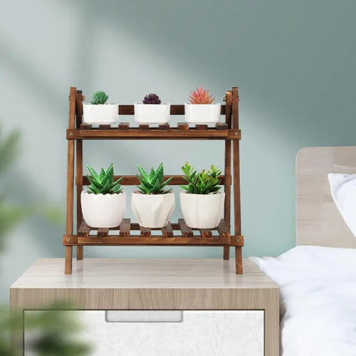Vista 4 de Jotsport Soporte de mesa de 2 niveles para plantas, estilo escalón, organizador de almacenamiento de escritorio, estante de exhibición de madera
