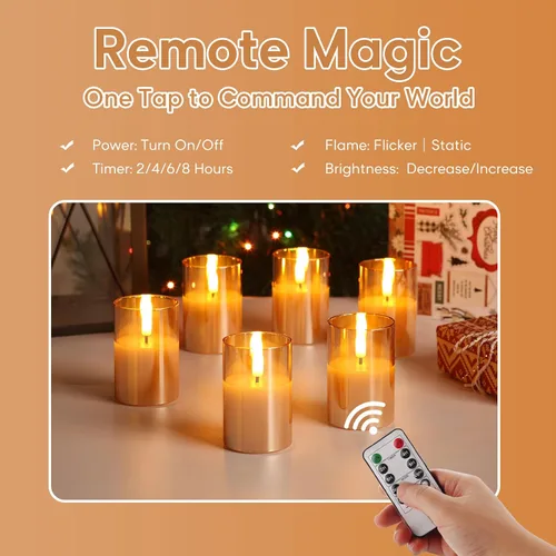 Vista 4 de Velas votivas sin llama de vidrio dorado con control remoto y temporizador, juego de 6 velas LED parpadeantes de cera real, pilar pequeño