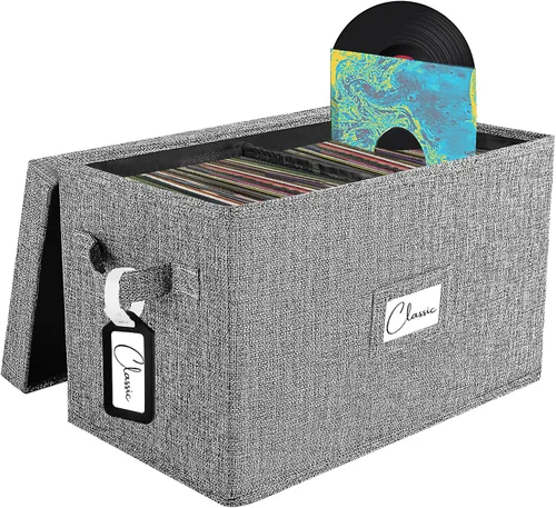Vista 8 de Woodoulogy Caja de almacenamiento de discos de vinilo para LPs de 7 pulgadas/45 RPM, caja negra con tapa con capacidad para hasta 80 álbumes