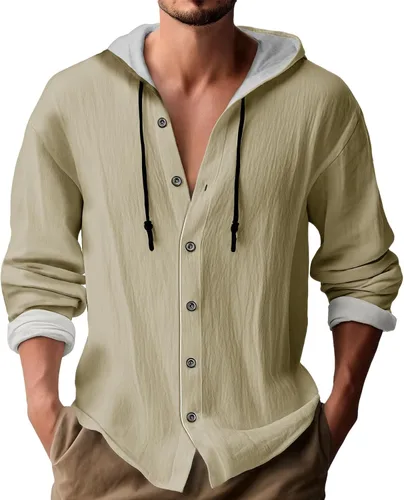 Vista 7 de Sudadera con capucha de manga larga para hombre, color liso, con botones, casual, ajuste holgado, para primavera, otoño, playa, con capucha