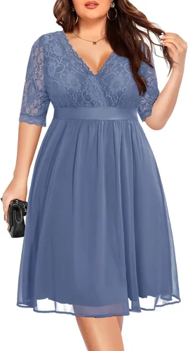 Vista 14 de Plus Size Wedding Guest Cocktail Midi Dress Lace Chiffon V Neck Wrap Negro