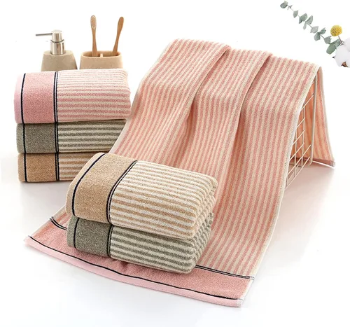 Vista 5 de Pidada Juego de 2 toallas de mano 100% algodón con patrón de rayas absorbentes suaves toallas decorativas para baño (marrón)