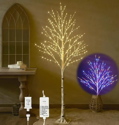 Vista 11 de Hairui Árbol de abedul iluminado con 200 luces multicolor y luces de hadas blancas cálidas, 8 funciones, 4 pies, árbol de ramitas blancas con luces