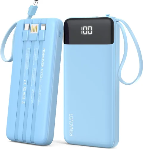 Vista 12 de penaover Cargador Portátil 10000mAh Power Bank con Cable Incorporado, 5 Salidas 2 Entradas Esencial de Viaje Paquete de Batería Externa con Pantalla