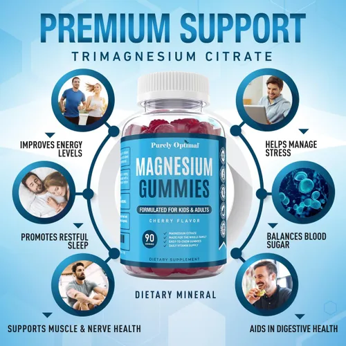 Vista 3 de Gomitas de magnesio prémium para niños y adultos, citrato de magnesio para apoyo digestivo, ayuda para dormir, alivio del estrés, calma, salud ósea