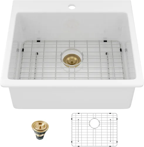 Vista 13 de Sarlai White Undermount/Drop In Kitchen Sink 24 x 18 Inch Laundry Sink 11 Inch Extra Deep White Fireclay Ceramic Single Bowl Dual-mount Utility