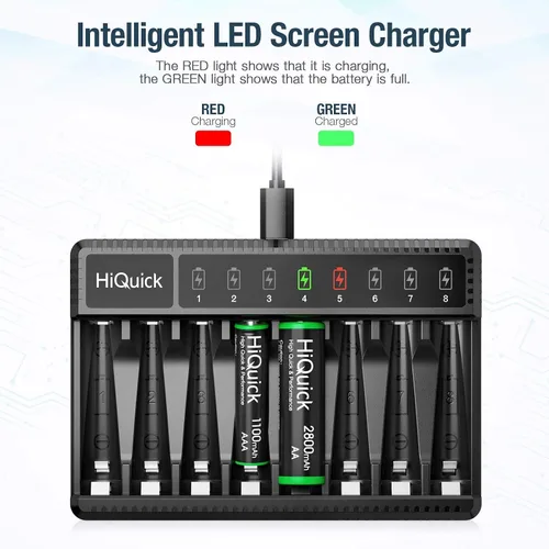 Vista 4 de HiQuick Cargador de batería inteligente de 8 bahías con 8 pilas AA + 16 pilas recargables AA