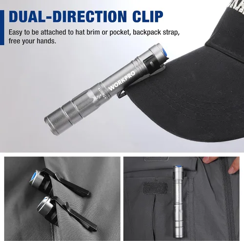 Vista 5 de WORKPRO Luz de bolígrafo recargable, mini linterna, paquete de 2 linternas EDC ultracompactas, linterna de bolsillo con clip, función de memoria y 2