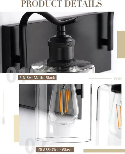 Vista 6 de Lámpara de baño negra de 2 luces sobre el espejo, luz de tocador moderna, aplique de pared de vidrio transparente, VL01BK-2 Cristal negro