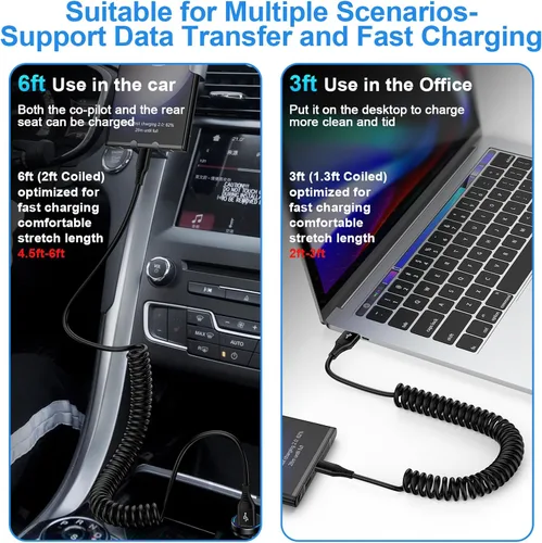 Vista 3 de Cable USB C a USB, Android Auto de 3 pies + 5 pies en espiral para automóvil, cable retráctil de carga rápida tipo C para Samsung Galaxy S26 Ultra