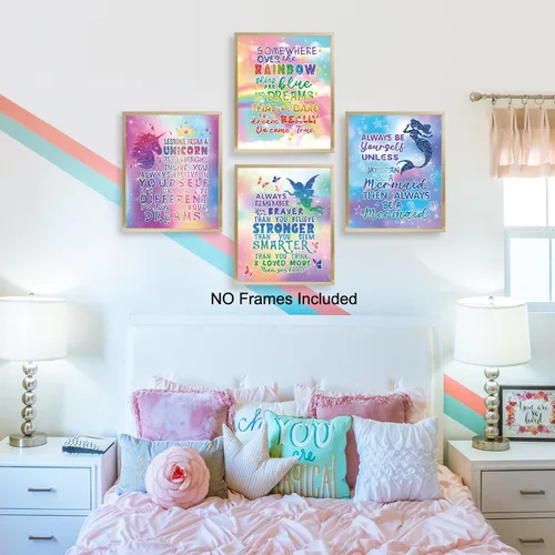 Vista 2 de Pósteres de decoración de pared de unicornio arcoíris para habitación de niñas, decoración de dormitorio de sirena de hada para habitación de niñas