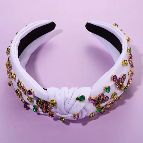 Vista 7 de PHALIN Diadema de Mardi Gras para mujer, accesorios de carnaval de Mardi Gras, corona de flor de lis, diadema con diamantes de imitación y perlas