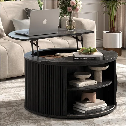 Vista 11 de Mesa de centro elevable con almacenamiento, mesa central negra de 32 pulgadas para sala de estar, mesa de comedor cuadrada con patas de madera maciza