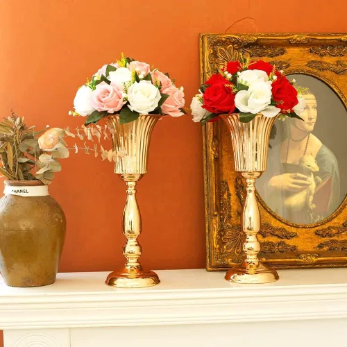 Vista 3 de 10 piezas de jarrón dorado para centro de mesa, soporte de metal para flores, decoraciones de boda para recepción, jarrón de trompeta de 15.6