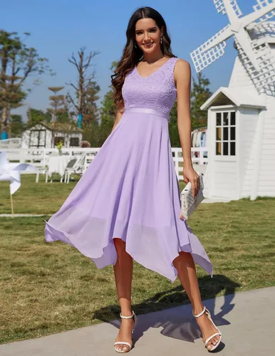 Vista 4 de Meetjen - Vestido de encaje floral para mujer, clásico, acampanado, con dobladillo, formal, para cóctel