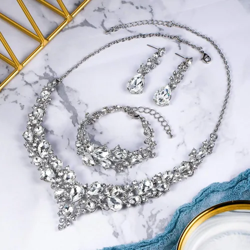 Vista 5 de BriLove - Juego de joyas de boda con cristales austriacos, collar, aretes y pulsera para mujer
