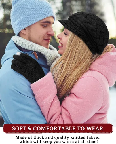 Vista 11 de SATINIOR Juego de 4 gorros y guantes de invierno para mujer, gorro de punto cálido, gorro de esquí de nieve con visera y guante para pantalla rojo