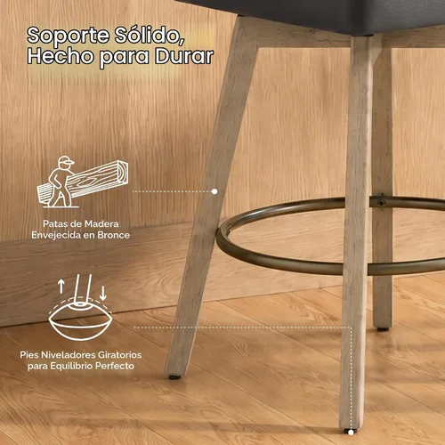 Vista 4 de Juego de 2 taburetes de bar de altura de mostrador, modernos taburetes de bar giratorios con respaldo y patas de madera, sillas de bar tapizadas