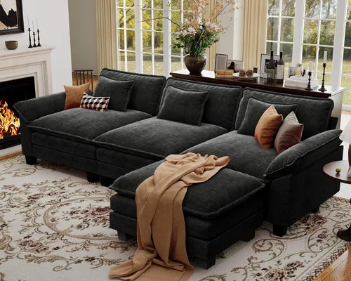 Vista 25 de Sofá modular de gran tamaño de 154 pulgadas, cómodo sofá en forma de U con 3 otomanas móviles, sofá moderno de felpilla de 7 plazas para sala