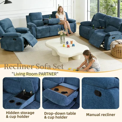 Vista 3 de Juego de sofá reclinable manual, juego de sofá reclinable de microfibra, juego de muebles modernos para sala de estar, sofá reclinable para sala