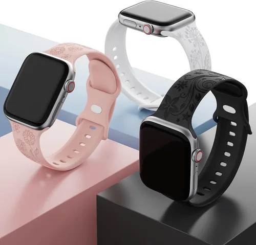 Vista 2 de Paquete de 3 correas con grabado floral compatibles con Apple Watch Band para mujeres de 1.496 pulgadas, 1.575 pulgadas, 1.614 pulgadas, 1.654