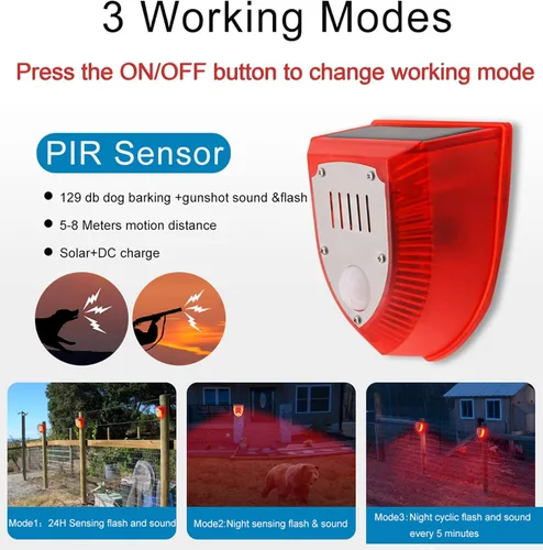 Vista 2 de Sensor de movimiento solar de luz y alarma de sonido, 129dB disparo y ladridos de perro y luz estroboscópica sirena de alarma de seguridad