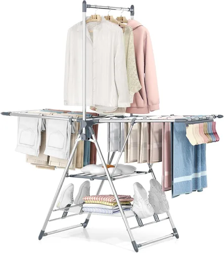 Vista 7 de APEXCHASER Estante de secado de ropa plegable de gran capacidad, estante de secado de lavandería de acero inoxidable resistente con colgador