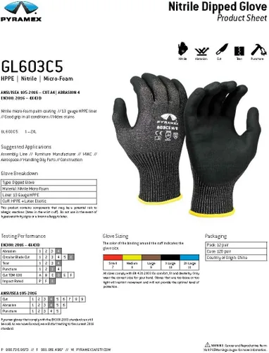 Vista 2 de Pyramex GL603C5 Series 13 Gauge PMXTECK HPPE Micro Foam Nitrile Safety Gloves ANSI Cut 4 Size 2X Large