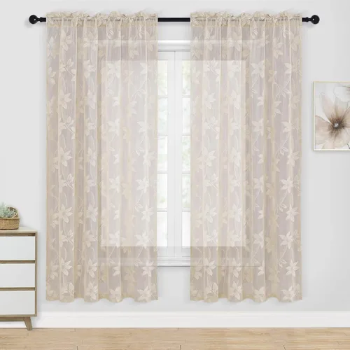 Vista 27 de DWCN Paquete de 2 cortinas traslúcidas pequeñas de encaje floral beige para cocina, cortinas traslúcidas ligeras con bolsillo para barra, cortinas