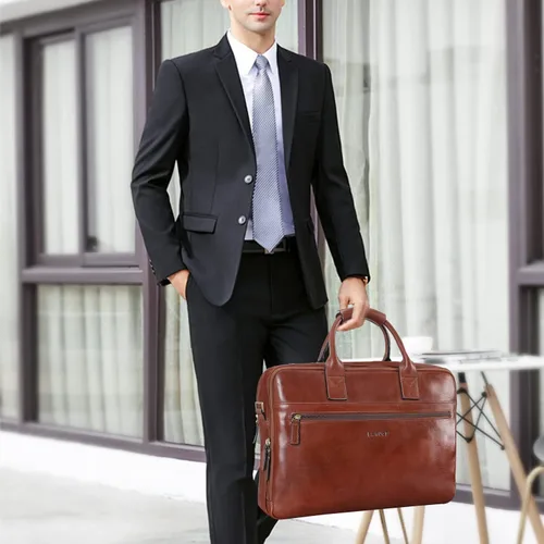 Vista 2 de Banuce Full Grains - Maletín de cuero italiano para hombre, funda para laptop de 14 pulgadas, bolsa de mensajero para negocios