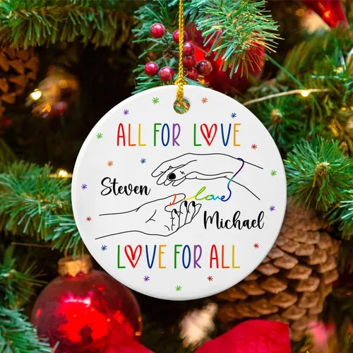 Vista 5 de All for Love - Adorno de cerámica LGBT arcoíris para Navidad 2025, adorno de Navidad personalizado para parejas, orgullo gay/lesbiano, adorno