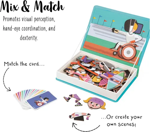 Vista 2 de Janod - Juego educativo Magnéti'Book Deportes - 48 imanes + 16 tarjetas modelo - Juego creativo - Mejora las habilidades de observación - Portátil