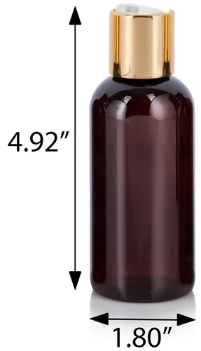 Vista 2 de JUVITUS Botella redonda Boston de plástico PET de 4 oz / 4.1 fl oz (sin BPA) con tapa de disco dorada (paquete de 12) (ámbar)