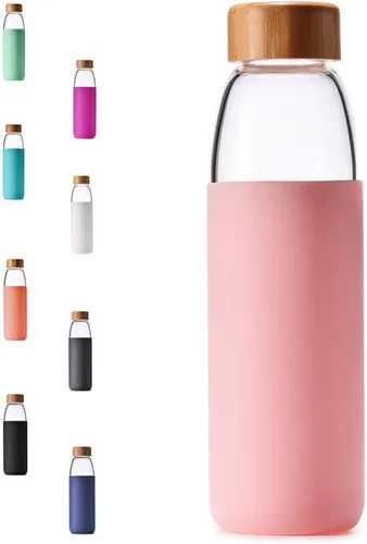 Vista 15 de Botellas de agua de vidrio de borosilicato de 18 onzas con tapa de bambú, sin BPA, funda de silicona antideslizante y tapa a prueba de fugas de Negro