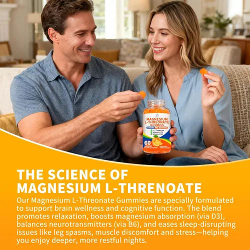 Vista 5 de Paquete de 2 gomitas de L-treonato de magnesio de 1000 mg para niños y adultos, treonato de magnesio de alta absorción con L-teanina vitamina D3