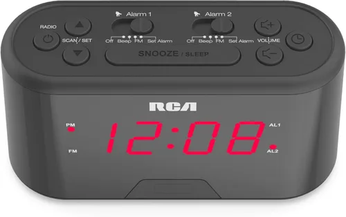 Vista 4 de RCA Reloj despertador portátil con sensor automático de luz nocturna, brillo ajustable, pantalla de temperatura interior, calendario completo