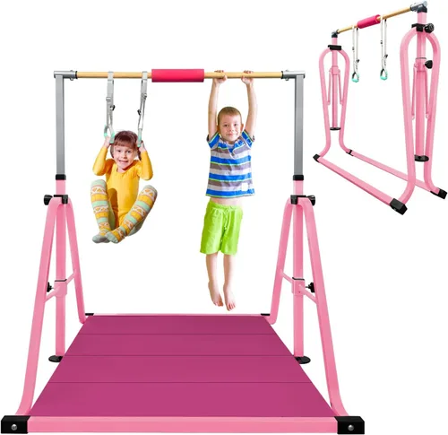 Vista 9 de GLANT Barra de gimnasia para niños con juego de anillos, 7 alturas ajustables, fácil de plegar, barra de entrenamiento de gimnasia para niños