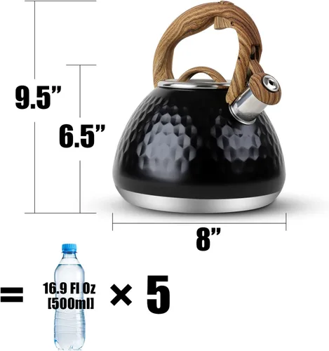 Vista 2 de Tetera, Tetera Silbadora Toptier con Mango de Patrón de Madera Silbato Fuerte, Tetera de Acero Inoxidable Grado Alimenticio para Estufas de Negro