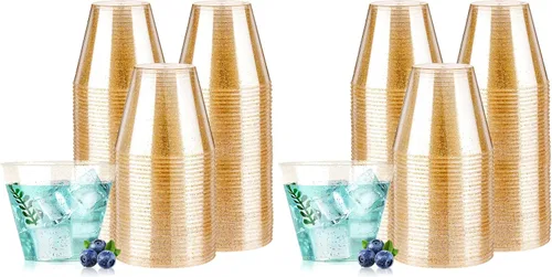 Vista 9 de Goodluck 50 vasos de plástico con purpurina dorada de 10 onzas, vasos desechables con purpurina, elegantes vasos de cóctel de plástico, vasos