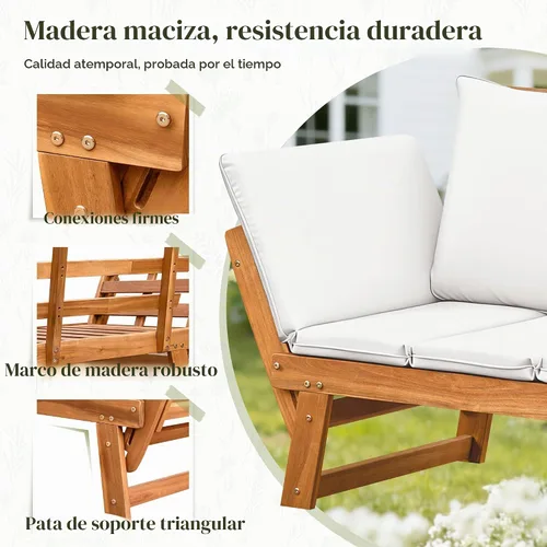 Vista 5 de Flamaker Sofá de exterior con reposabrazos ajustables, sofá biplaza de madera de acacia para patio con cojines suaves, muebles de patio convertibles