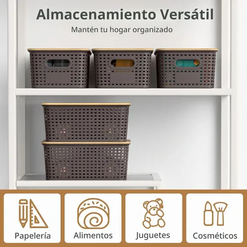 Vista 5 de Cestas de almacenamiento de plástico con tapas de bambú, contenedores pequeños apilables para organización y contenedores para estantes, cajones
